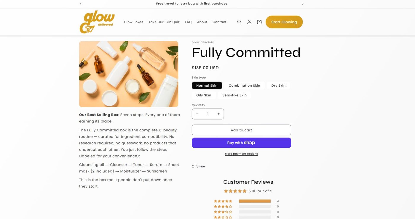 Glow Delivered website — custom Shopify e-commerce store for a K-beauty skincare brand by Sitellus