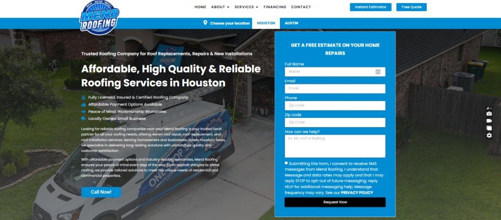Mend Roofing website — custom web design for a Houston roofing company by Sitellus